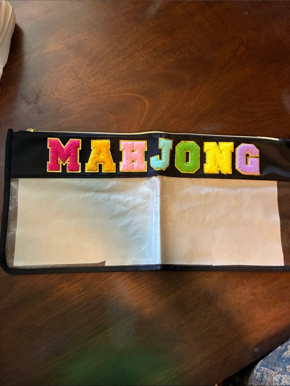 Mahjong Black Zip Pouch with Colorful Letter Appliqués